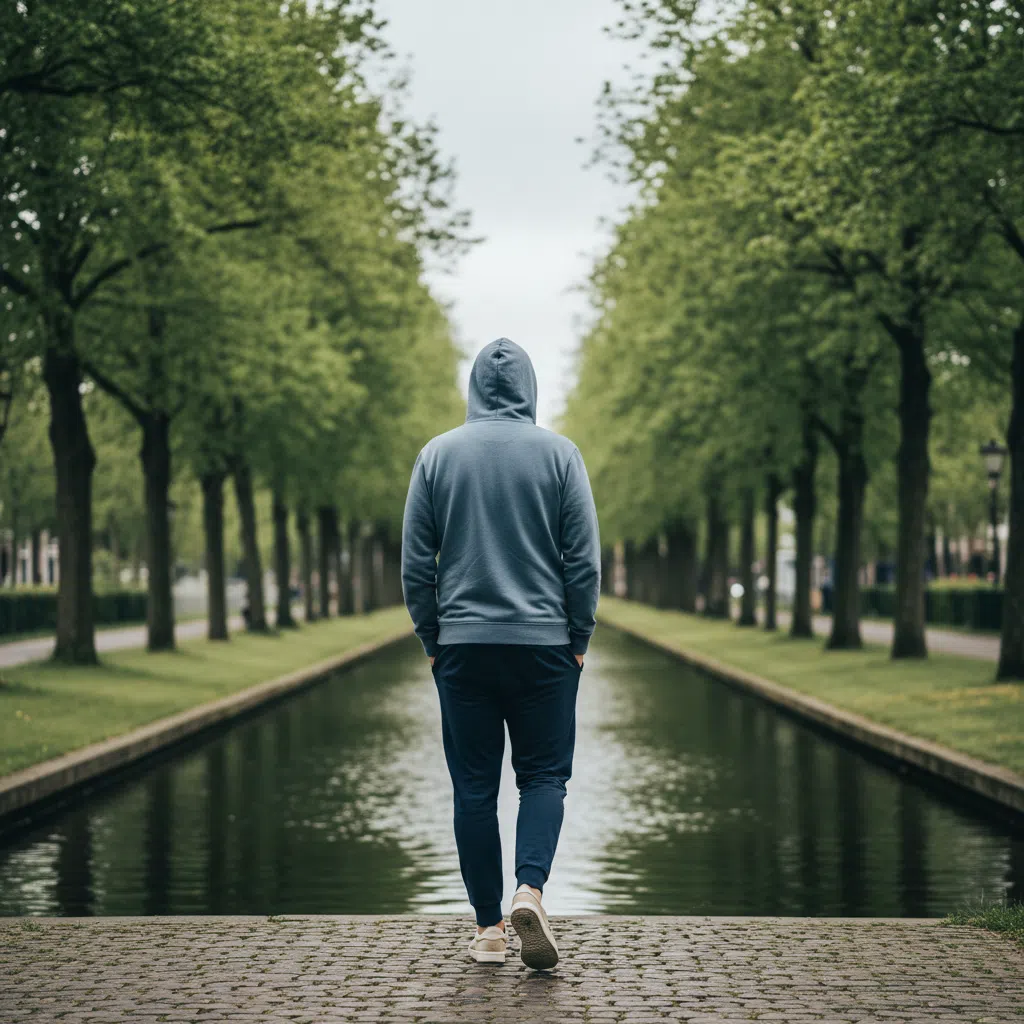 Anonieme man van achteren wandelend langs Nederlandse gracht, actieve leefstijl prostaatgezondheid